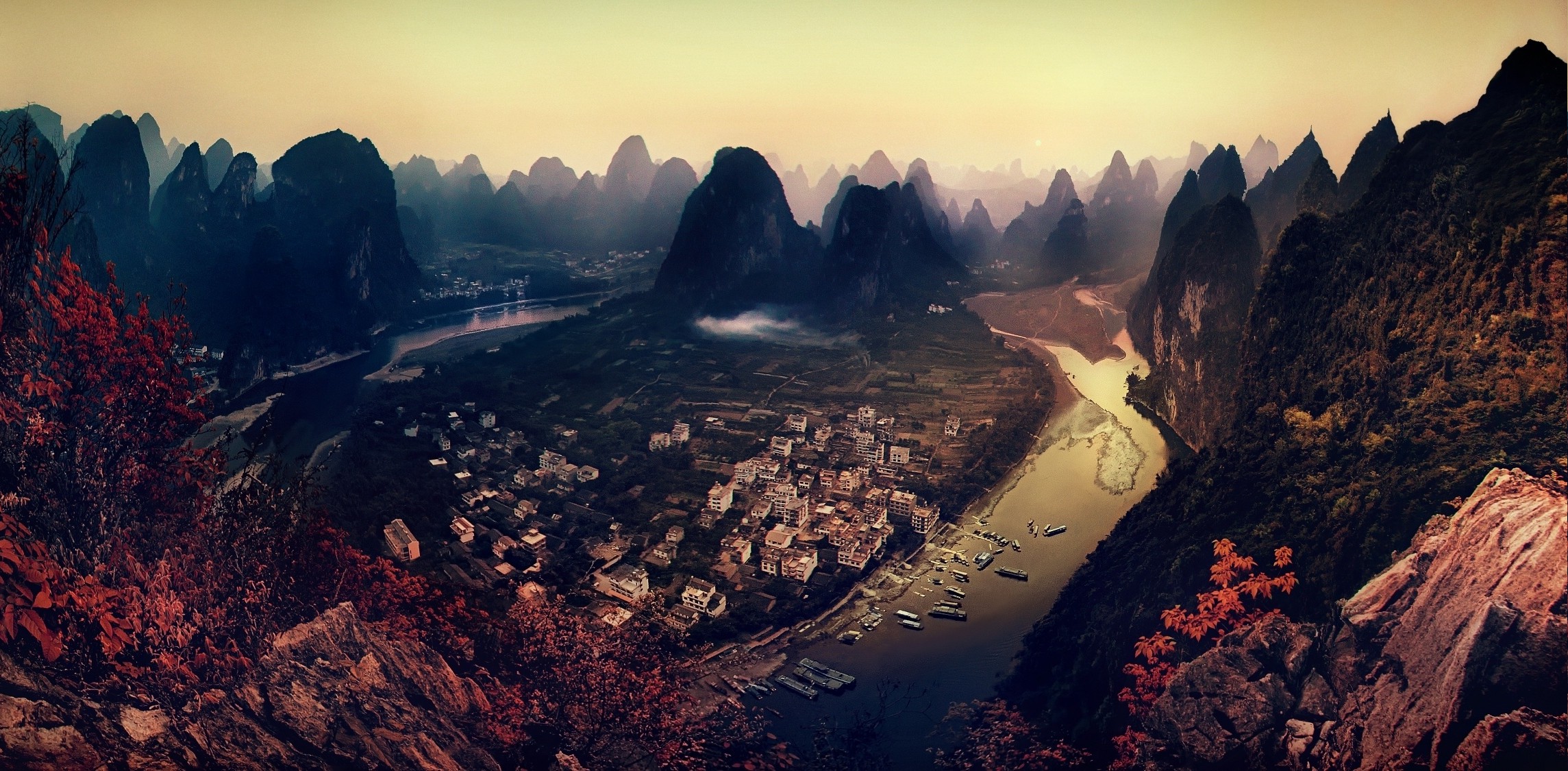 mountain, Cityscape, River, Fall, Field, Forest, Mist, Sunset, China, Building, Nature, Panoramas, Landscape Wallpaper