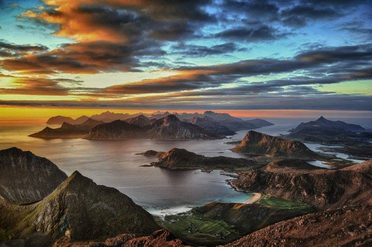 sunset, Island, Lofoten, Mountain, Norway, Clouds, Beach, Sea, Nature, Summer, Landscape HD Wallpaper Desktop Background