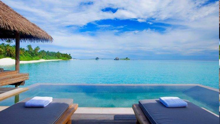 swimming Pool, Beach, Resort, Sea, Palm Trees, Tropical, Maldives, Water, Clouds, Summer, Nature, Landscape HD Wallpaper Desktop Background
