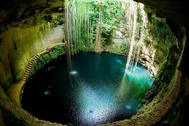 cenotes, Pit, Sinkholes, Mexico, Water, Circle, Cave, Scuba Diving, Nature, Landscape, Lianas HD Wallpaper Desktop Background