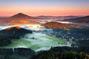 summer, Morning, Mist, Forest, Hill, Villages, Field, Czech Republic, Nature, Landscape