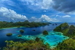 Indonesia, Sea, Clouds, Beach, Mountain, Tropical, Panoramas, Limestone, Nature, Landscape, Coral, Blue, Green, Turquoise