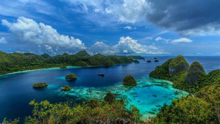 Indonesia, Sea, Clouds, Beach, Mountain, Tropical, Panoramas, Limestone, Nature, Landscape, Coral, Blue, Green, Turquoise HD Wallpaper Desktop Background