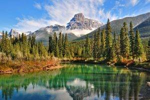 lake, Forest, Mountain, Canada, Summer, Snowy Peak, Green, Grass, Water, Clouds, Nature, Landscape