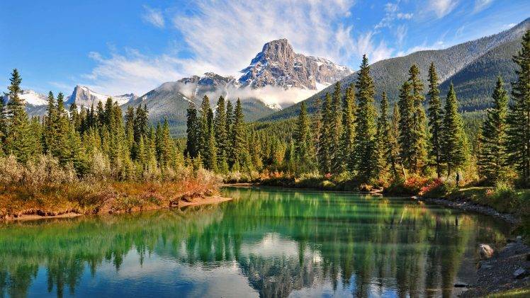 lake, Forest, Mountain, Canada, Summer, Snowy Peak, Green, Grass, Water, Clouds, Nature, Landscape HD Wallpaper Desktop Background