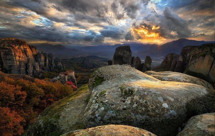 nature, Landscape, Mountain, Sunset, Greece, Monastery, Cliff, Clouds, Fall HD Wallpaper Desktop Background