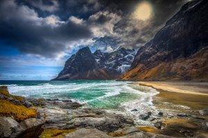 beach, Mountain, Sea, Island, Lofoten, Norway, Clouds, Waves, Snowy Peak, Nature, Landscape, Sand, Water