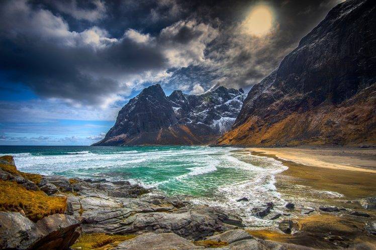 beach, Mountain, Sea, Island, Lofoten, Norway, Clouds, Waves, Snowy Peak, Nature, Landscape, Sand, Water HD Wallpaper Desktop Background