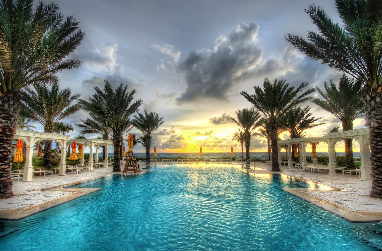 swimming Pool, Beach, Palm Trees, Sunrise, Sea, Landscape, Clouds, Yellow, Blue, Green, Nature, Florida Wallpaper