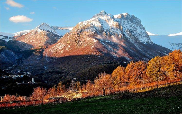 mountain, Fall, Nature, Villages, Grass, Snowy Peak, Forest, Morning, Landscape, Trees HD Wallpaper Desktop Background