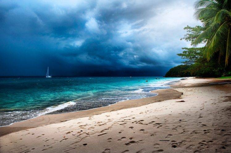 tropical, Palm Trees, Beach, Sand, Storm, Sea, Island, Clouds, Malaysia, Sailboats, Nature, Landscape HD Wallpaper Desktop Background