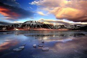 Italy, Mountain, Clouds, Lake, Winter, Ice, Sunset, Snowy Peak, Frost, Nature, Landscape