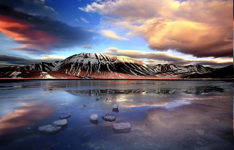 Italy, Mountain, Clouds, Lake, Winter, Ice, Sunset, Snowy Peak, Frost, Nature, Landscape HD Wallpaper Desktop Background