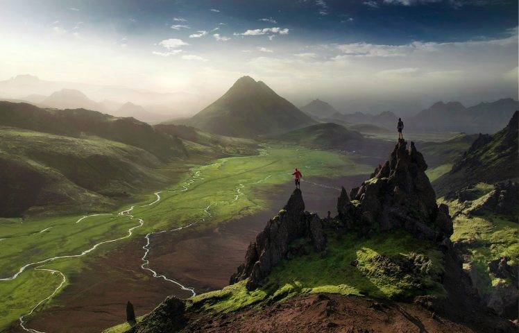 Iceland, Valley, River, Mountain, Mist, Green, Nature, Landscape HD Wallpaper Desktop Background
