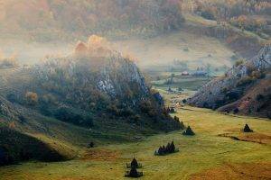 sunrise, Mountain, Valley, Romania, Cliff, Mist, Field, Forest, Villages, Nature, Landscape