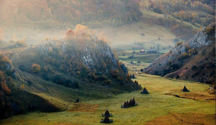 sunrise, Mountain, Valley, Romania, Cliff, Mist, Field, Forest, Villages, Nature, Landscape HD Wallpaper Desktop Background