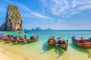 beach, Sand, Boat, Limestone, Island, Sea, Turquoise, Water, Tropical, Vacations, Summer, Nature, Landscape, Thailand