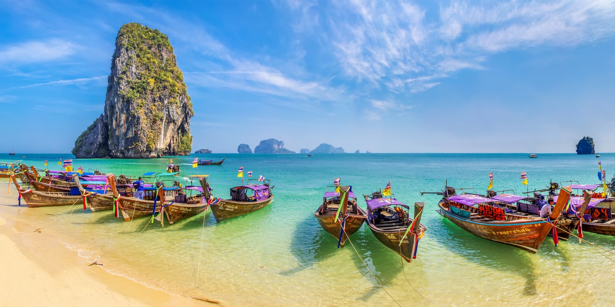 beach, Sand, Boat, Limestone, Island, Sea, Turquoise, Water, Tropical, Vacations, Summer, Nature, Landscape, Thailand Wallpaper