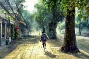 concept Art, Anime, Street, Trees, Spring, Sunlight