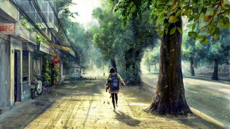 concept Art, Anime, Street, Trees, Spring, Sunlight HD Wallpaper Desktop Background