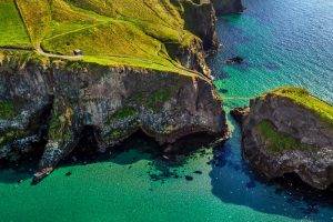 cliff, Bridge, Grass, Island, Ireland, Sea, Coast, Green, Water, Aerial View, Nature, Landscape, Path, Birds