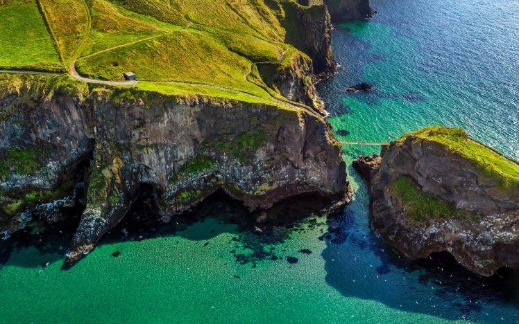 cliff, Bridge, Grass, Island, Ireland, Sea, Coast, Green, Water, Aerial View, Nature, Landscape, Path, Birds HD Wallpaper Desktop Background
