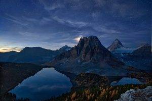 Canada, Starry Night, Mountain, Lake, Forest, Fall, Snowy Peak, Cliff, Nature, Water, Landscape