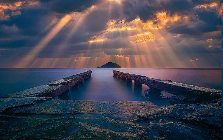 sunrise, Sea, Sun Rays, Clouds, Island, Coast, Dock, Water, Blue, Yellow, Nature, Landscape HD Wallpaper Desktop Background