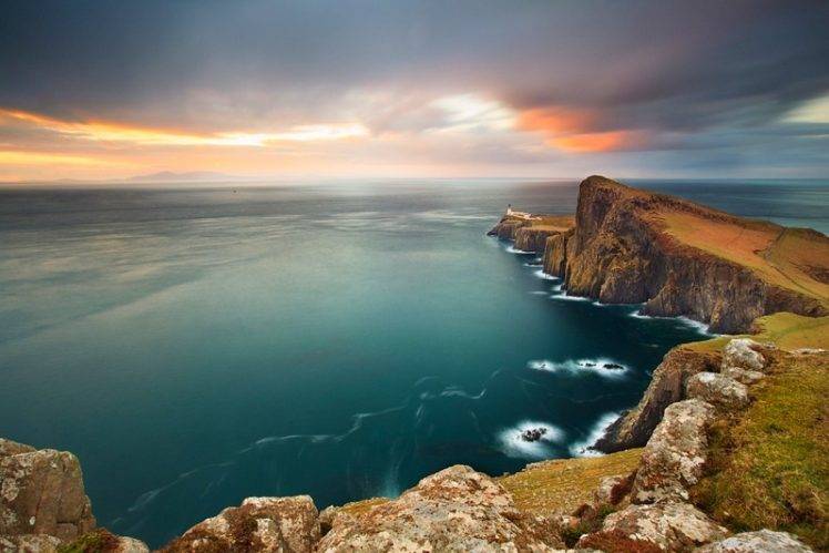 Neist Point, Cliff, Sea, Clouds, Sunrise, Coast, Lighthouse, Nature, Landscape, Scotland, UK HD Wallpaper Desktop Background