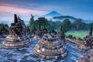 Borobudur, Indonesia, Sunrise, Statue, Buddhism, Forest, Mist, Mountain, Grass, World Heritage Site, Nature, Landscape, Stupa