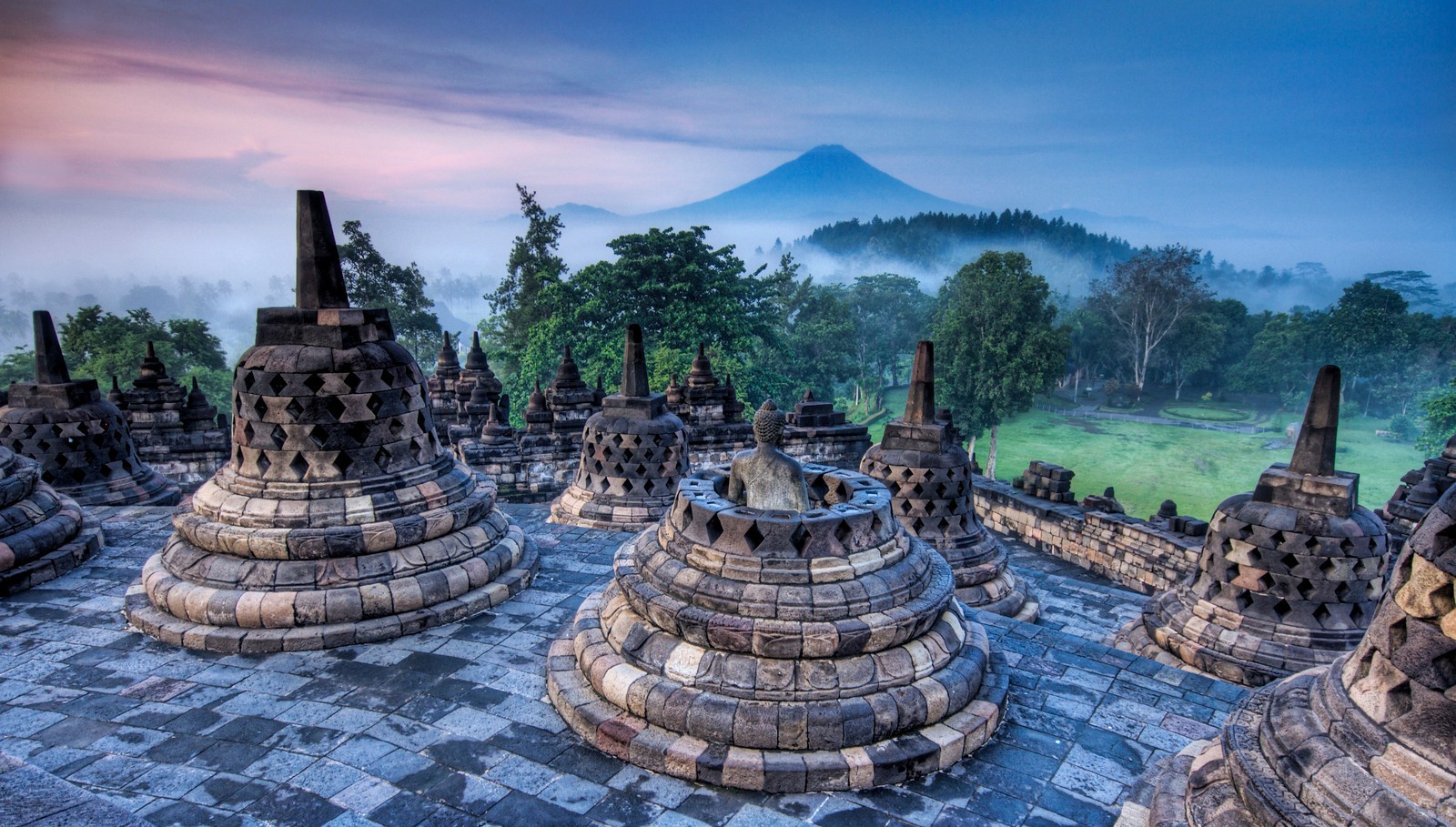 Borobudur, Indonesia, Sunrise, Statue, Buddhism, Forest, Mist, Mountain