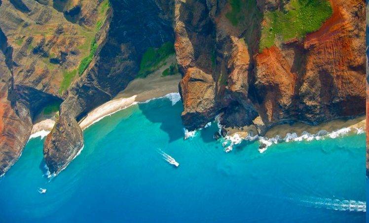 Kauai, Hawaii, Island, Mountain, Beach, Sea, Sand, Cliff, Coast, Aerial View, Vacations, Nature, Landscape HD Wallpaper Desktop Background