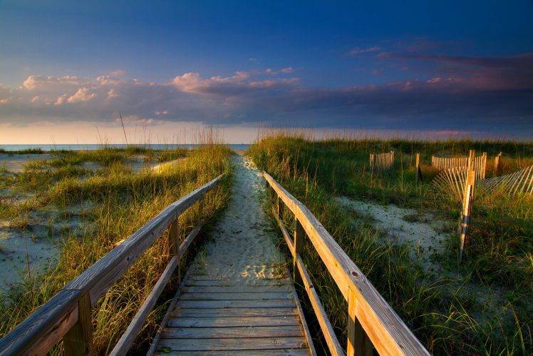 walkway, Beach, Clouds, Grass, Sand, Sea, Sunrise, Coast, Nature, Landscape HD Wallpaper Desktop Background
