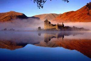 nature, Landscape, Architecture, Castle, Mountain, Water, Rock, Scotland, UK, Lake, Ruin, Mist, Trees, Reflection