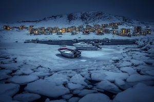 nature, Landscape, Mountain, Snow, Water, Winter, Boat, Greenland, Evening, Lights, House, Villages, Ice