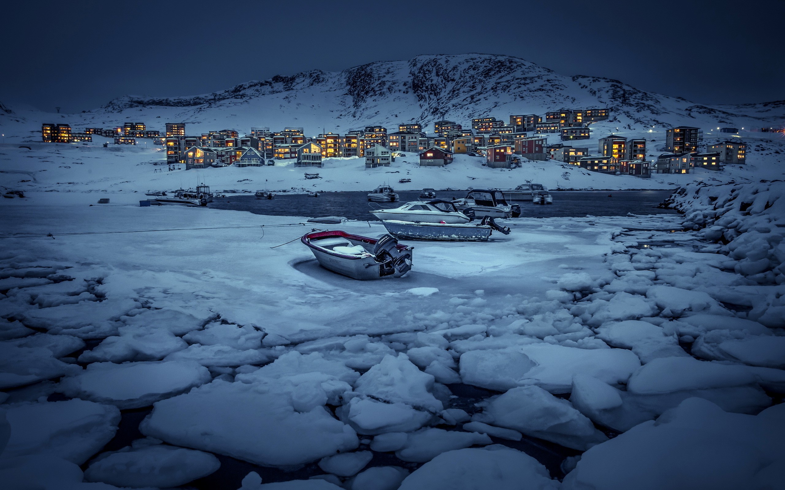 nature, Landscape, Mountain, Snow, Water, Winter, Boat, Greenland, Evening, Lights, House, Villages, Ice Wallpaper