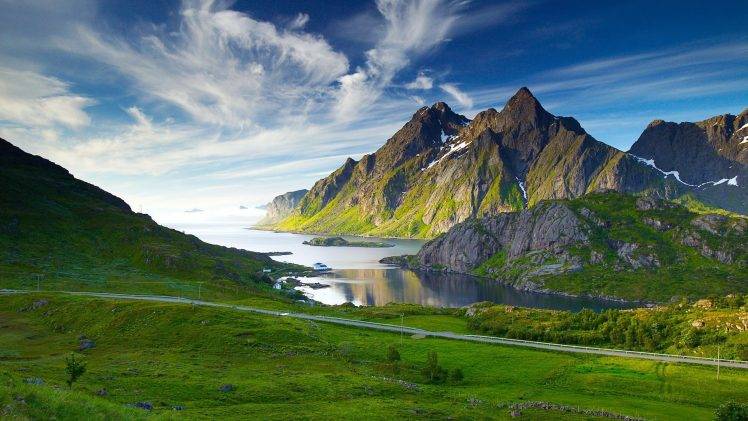 mountain, Road, Clouds, Bay, Sea, Island, Grass, Green, Nature, Landscape HD Wallpaper Desktop Background