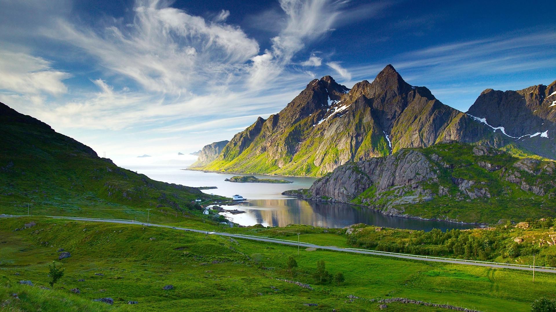 mountain, Road, Clouds, Bay, Sea, Island, Grass, Green, Nature, Landscape Wallpaper
