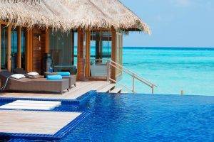 Maldives, Resort, Swimming Pool, Beach, Tropical, Sea, Luxury, Summer, Bungalow, Nature, Landscape