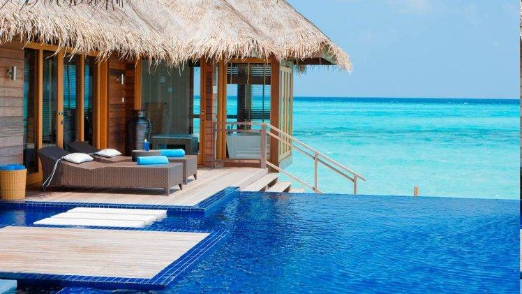 Maldives, Resort, Swimming Pool, Beach, Tropical, Sea, Luxury, Summer, Bungalow, Nature, Landscape HD Wallpaper Desktop Background