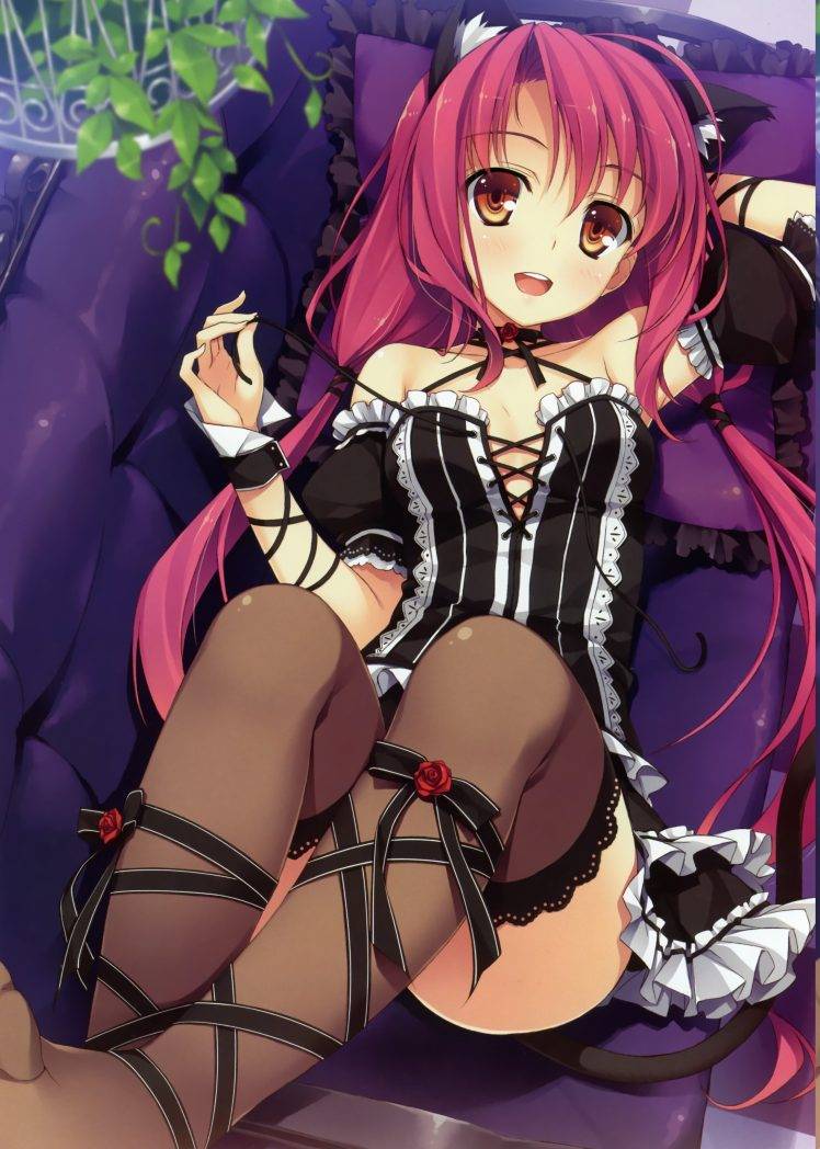 Yuuki Hagure, Anime Girls, Bare Shoulders, Brown Eyes, Cat Ears, Choker, Couch, Lying Down, Purple Hair, Thigh highs, Twintails, Tail, Original Characters HD Wallpaper Desktop Background