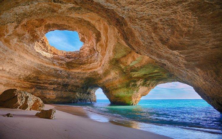 Portugal, Cave, Beach, Rock, Sand, Sea, Water, Erosion, Nature, Landscape HD Wallpaper Desktop Background