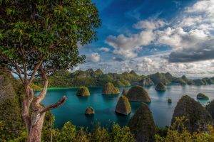 mountain, Clouds, Forest, Tropical, Raja Ampat, Indonesia, Island, Sea, Trees, Beach, Exotic, Nature, Green, Turquoise, White, Blue, Landscape