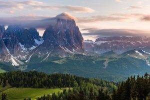 Alps, Mountain, Sunset, Forest, Clouds, Italy, Snowy Peak, Trees, Grass, Green, Nature, Landscape