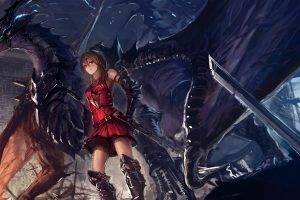 long Hair, Open Mouth, Looking At Viewer, Brunette, Brown Eyes, Looking Away, Standing, Fangs, Gloves, Weapon, Sword, Dragon Wings, Boots, Chains, Dragon, Anime, Anime Girls, Fantasy Art