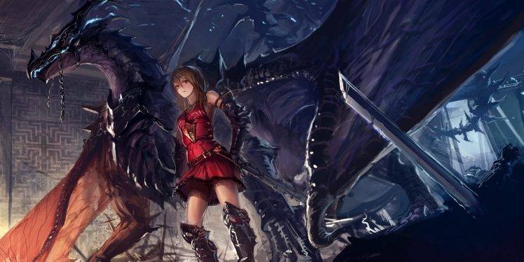 long Hair, Open Mouth, Looking At Viewer, Brunette, Brown Eyes, Looking Away, Standing, Fangs, Gloves, Weapon, Sword, Dragon Wings, Boots, Chains, Dragon, Anime, Anime Girls, Fantasy Art HD Wallpaper Desktop Background