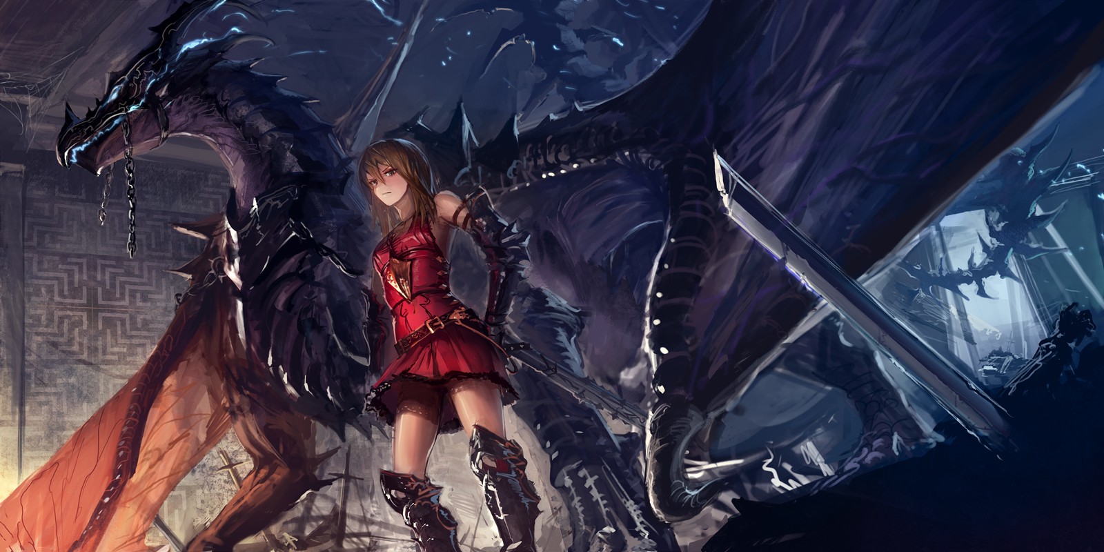 long Hair, Open Mouth, Looking At Viewer, Brunette, Brown Eyes, Looking Away, Standing, Fangs, Gloves, Weapon, Sword, Dragon Wings, Boots, Chains, Dragon, Anime, Anime Girls, Fantasy Art Wallpaper