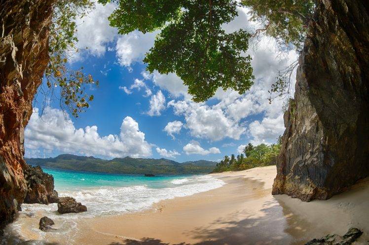 beach, Tropical, Sand, Mountain, Caribbean, Palm Trees, Clouds, Rock, Dominican Republic, Island, Nature, Landscape HD Wallpaper Desktop Background
