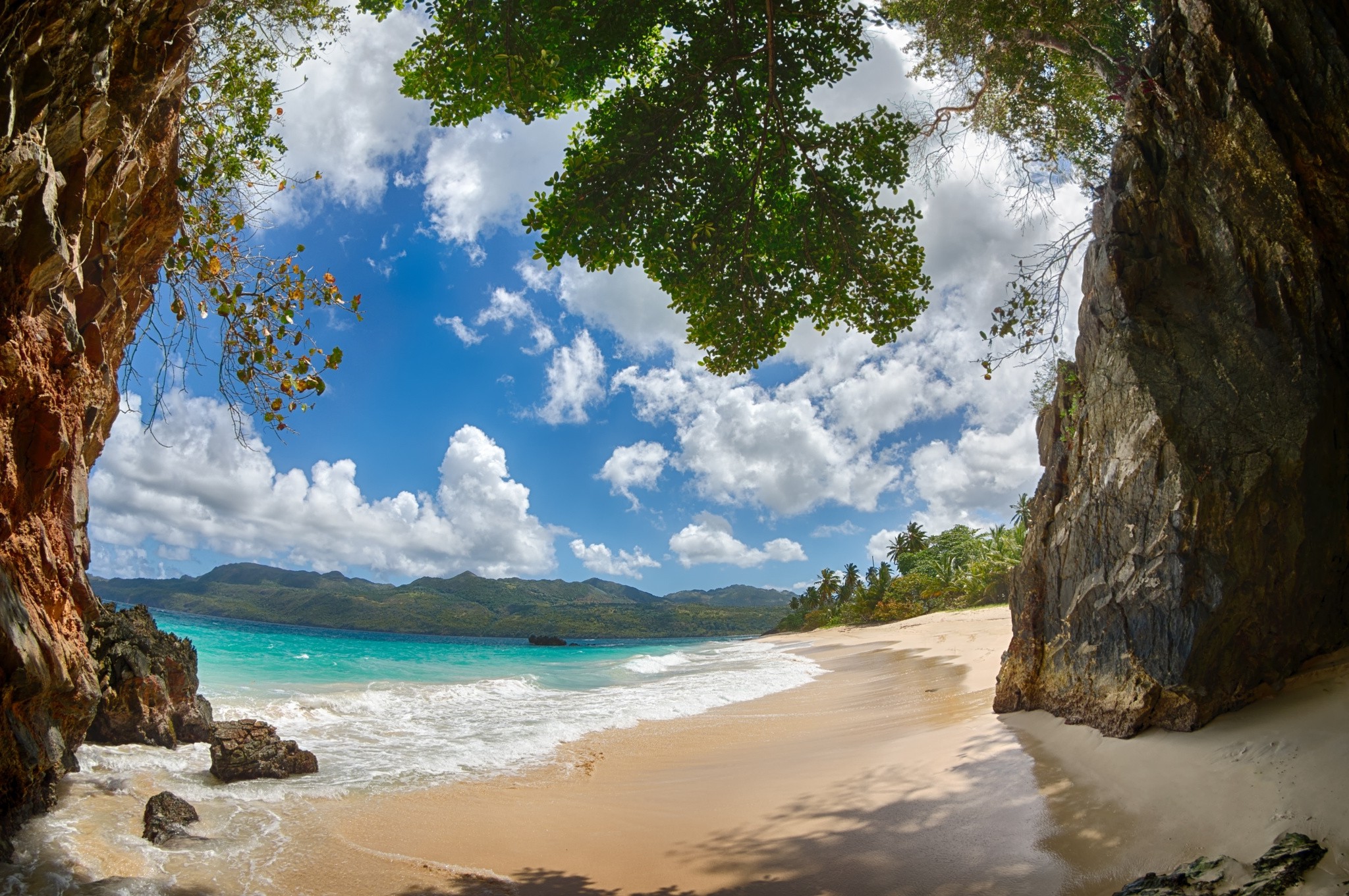 beach, Tropical, Sand, Mountain, Caribbean, Palm Trees, Clouds, Rock, Dominican Republic, Island, Nature, Landscape Wallpaper