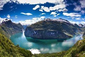panoramas, Norway, Geiranger, Cruise Ship, Mountain, Forest, Snowy Peak, Clouds, Water, Green, Blue, White, Sea, Nature, Landscape
